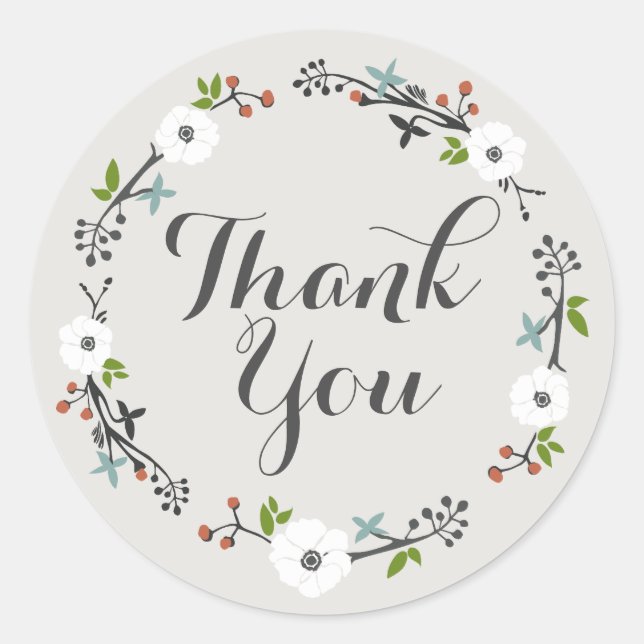 White Floral Branch Wreath | Thank you Sticker (Front)