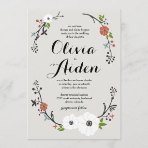 White Floral Branch Wreath   Wedding invitation