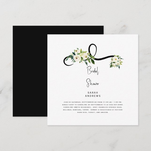 White Floral Bridal Shower B/W Square Invitation (Front/Back)