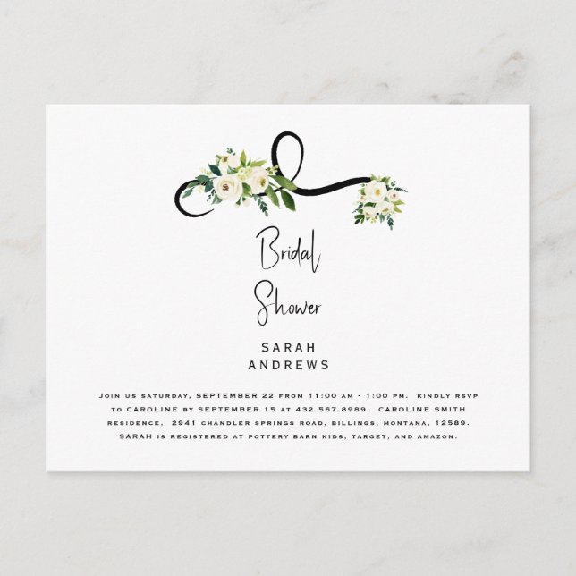 White Floral Bridal Shower Elegant Invitation Postcard (Front)