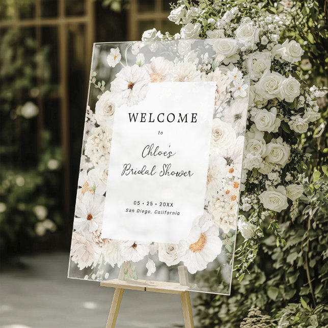 White Floral Bridal Shower Welcome Acrylic Sign (Creator Uploaded)