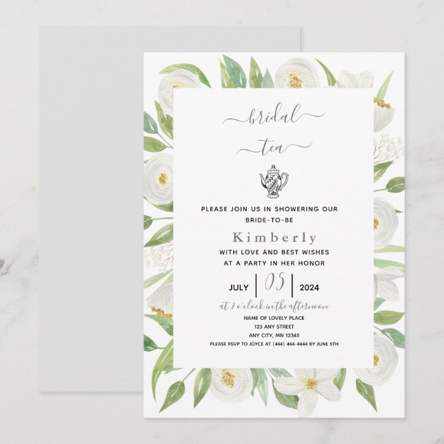White Floral Bridal Tea Invitation (Front/Back)