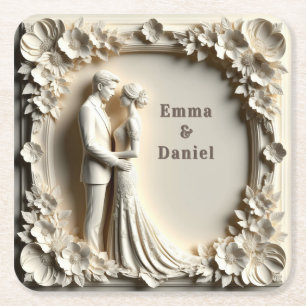 🤍 White Floral Bride And Groom Wedding Theme 🤍 Square Paper Coaster