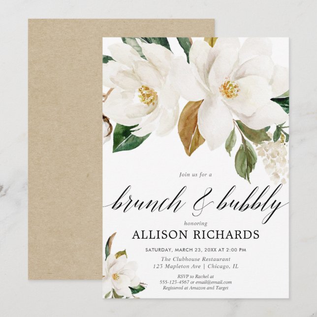 White floral brunch bubbly magnolia bridal shower invitation (Front/Back)