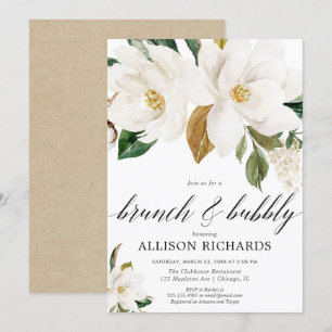 White floral brunch bubbly magnolia bridal shower invitation