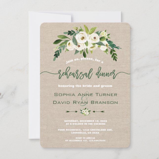White Floral Burlap Handwriting Rehearsal Dinner Invitation (Front)
