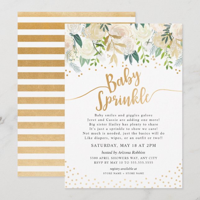 White Floral Calligraphy Baby Sprinkle Invitation (Front/Back)