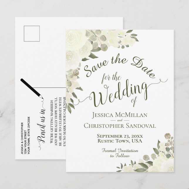 White Floral Calligraphy Wedding Save the Date Announcement Postcard (Front/Back)