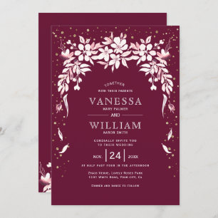 White floral cascading garland burgundy wedding invitation