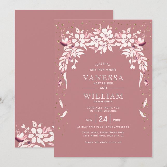 White floral cascading garland dusty rose wedding invitation (Front/Back)