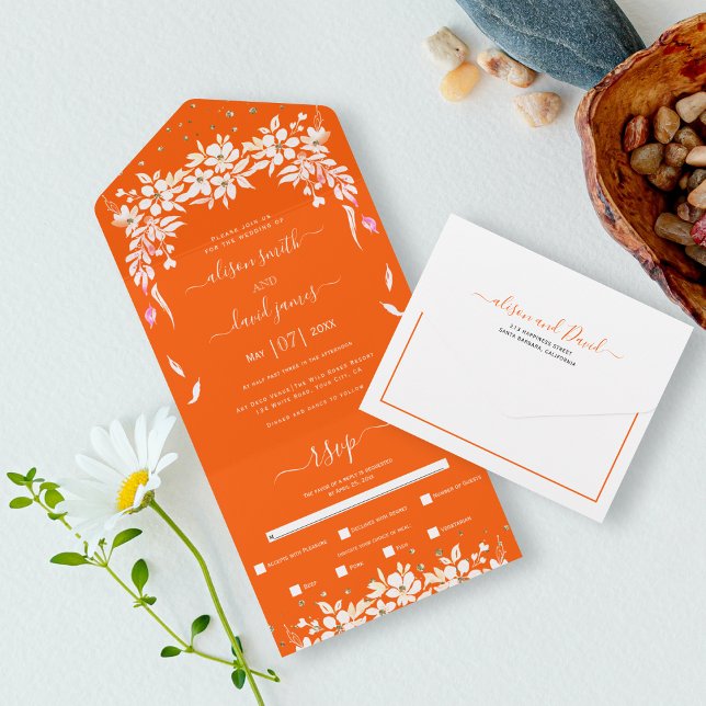 White floral cascading garland orange wedding all in one invitation (Creator Uploaded)
