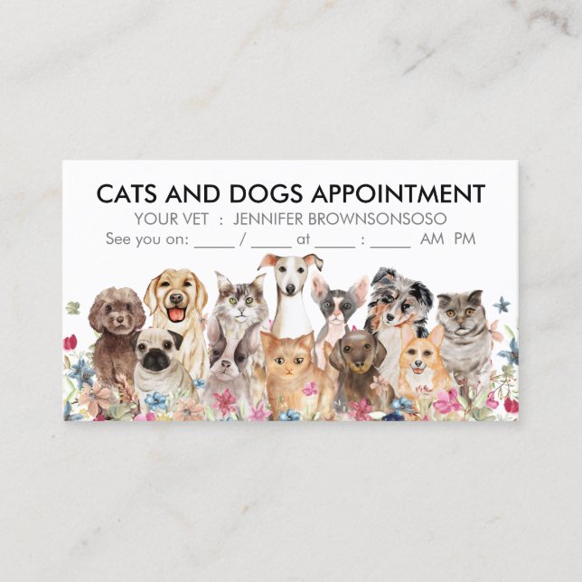 White Floral Cats and Dogs Illustrated Business Card (Front)
