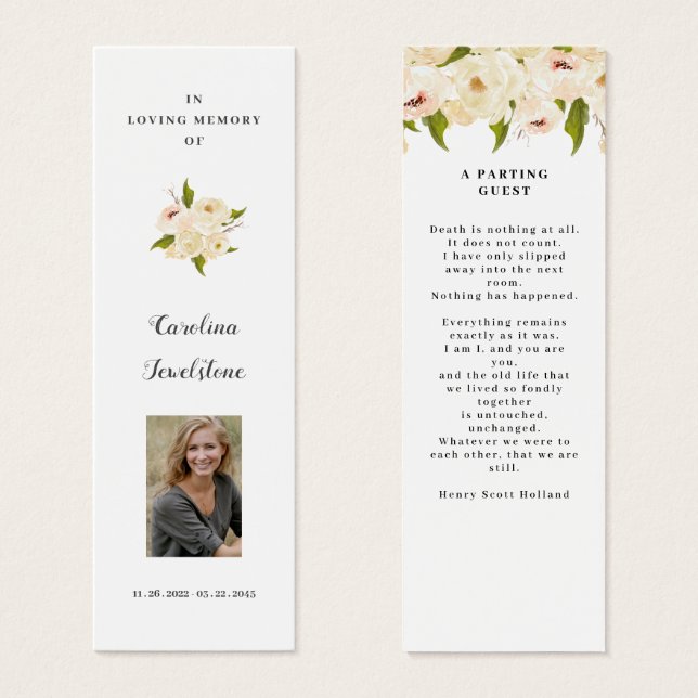 White Floral Celebration Of Life Bookmark (Front & Back)