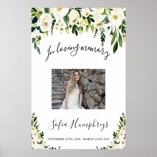 White Floral Celebration Of Life Sign, Photo Sign (Front)