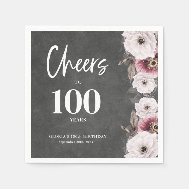 White Floral Chalkboard Cheers to 100th Birthday  Napkin (Front)