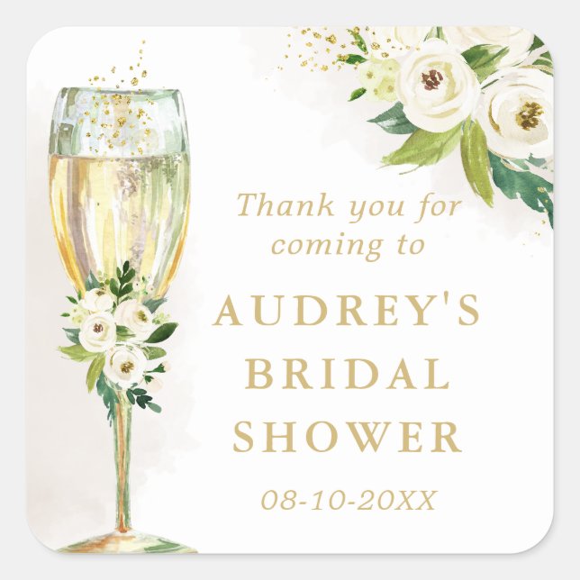 White Floral Champagne Glass Personalised Square Sticker (Front)