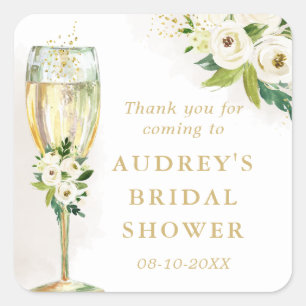 White Floral Champagne Glass Personalised Square Sticker