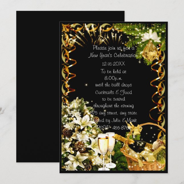 White Floral Champagne New Year's Party Invitation (Front/Back)