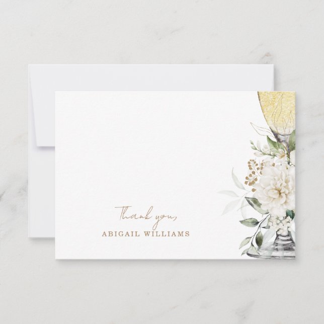 White Floral Champagne Shower Message Thank You Card (Front)