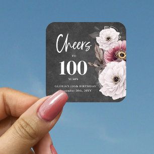 White Floral Cheers to 100th Birthday Square Sticker