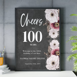 White Floral Cheers to 100th Birthday Welcome Poster