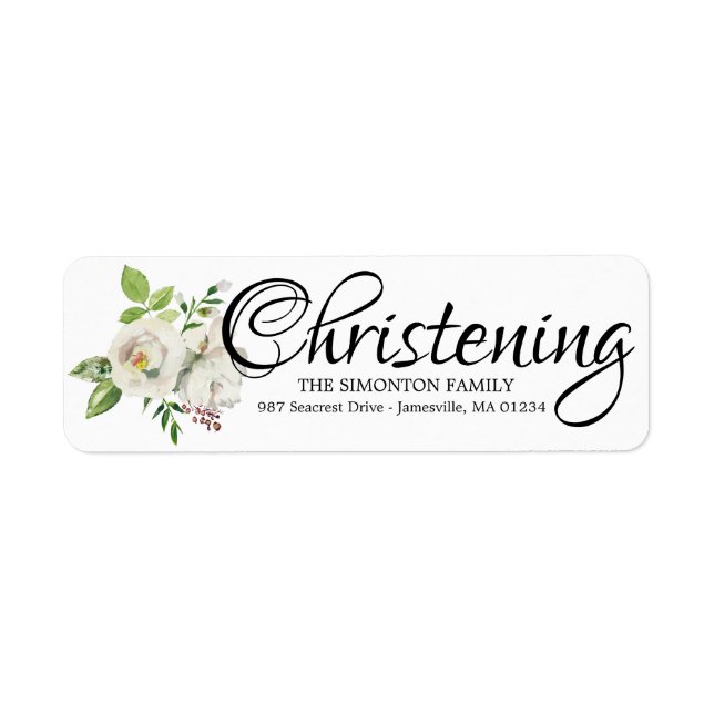 White Floral Christening Return Address Labels (Front)