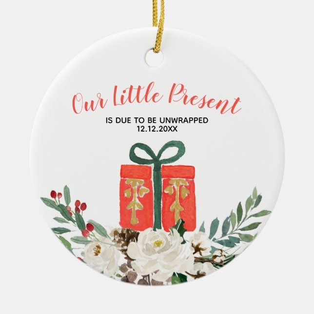 White Floral Christmas Pregnancy Announcement Cera Ceramic Tree Decoration (Front)