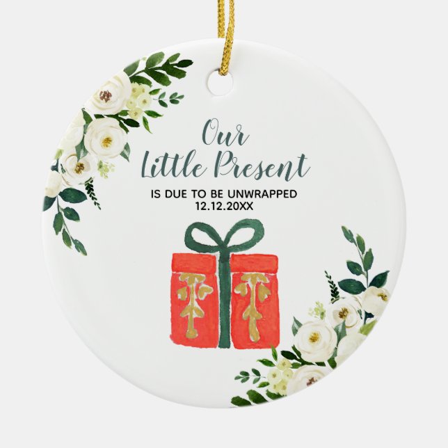 White Floral Christmas Pregnancy Announcement Ceramic Tree Decoration (Front)