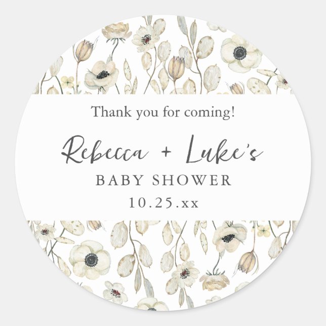 White Floral couples baby shower thank you favour  Classic Round Sticker (Front)