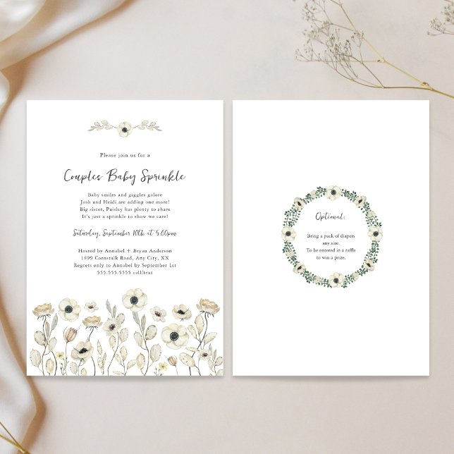 White Floral couples baby sprinkle + diaper raffle Invitation (Creator Uploaded)