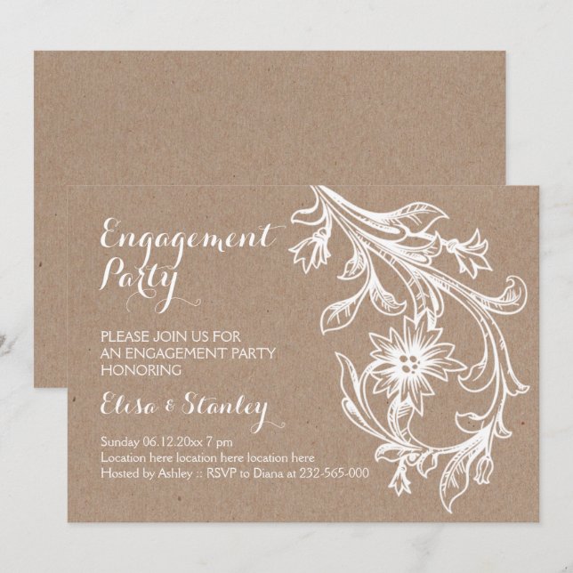 White floral craft paper wedding engagement party invitation (Front/Back)