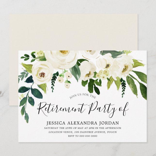 White Floral Cream Beautiful Retirement Party Invitation (Front/Back)