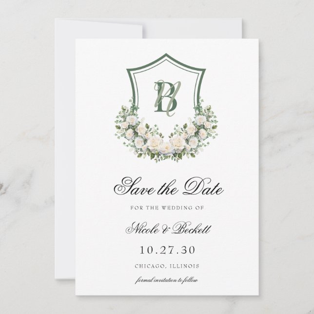 White Floral Crest Crest Wedding  Save The Date (Front)