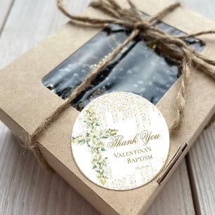 White Floral Cross Gold Glitter Script Thank You Classic Round Sticker