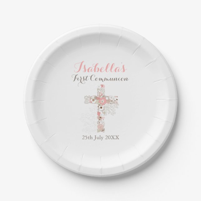 White floral cross name girl first communion paper plate (Front)