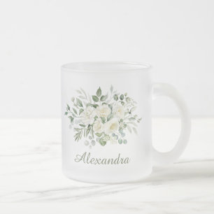 White Floral Custom Bridesmaid Favor  Frosted Glass Coffee Mug