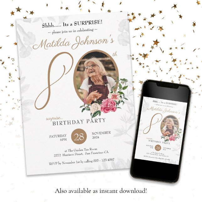 White Floral Custom Photo 80th Surprise Birthday  Invitation (White 80th Surprise Birthday Floral Custom Photo Invitation)