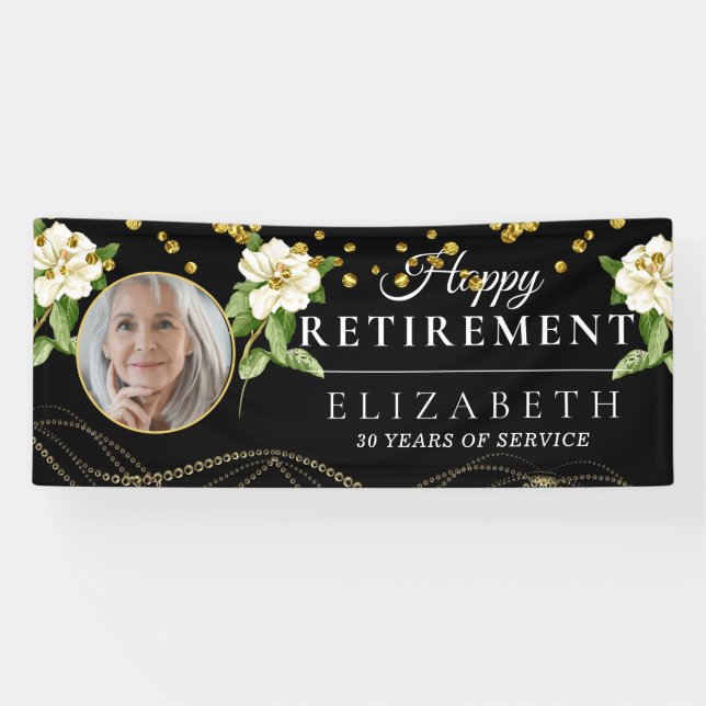 White Floral Custom Photo Retirement Party Banner (Horizontal)