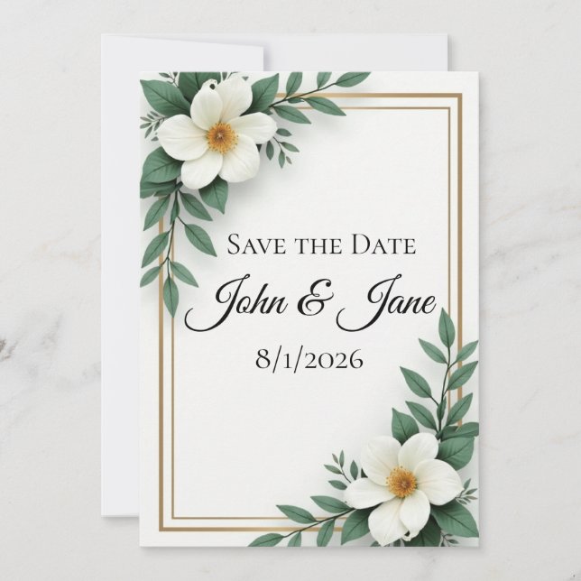 White Floral Custom Save the Date Invitation (Front)