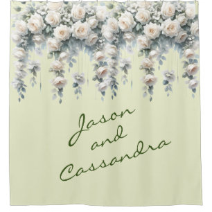 White Floral Customized Wedding Banner Shower Curtain