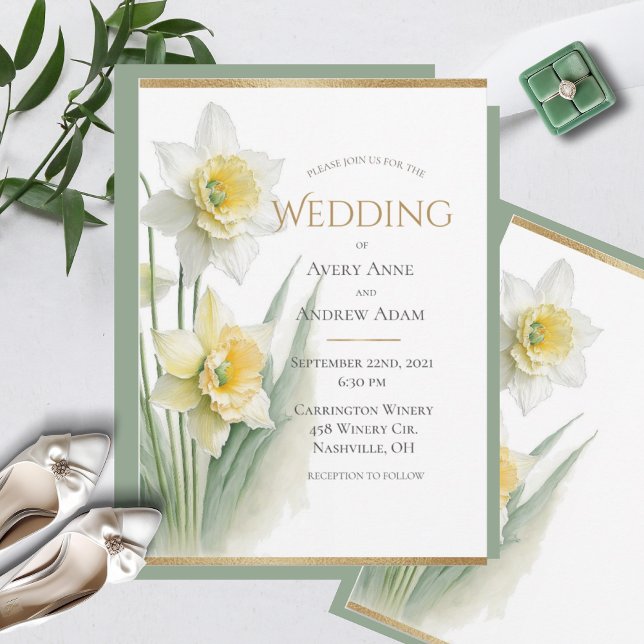 White Floral Daffodils Watercolors  Modern Wedding Invitation (Creator Uploaded)