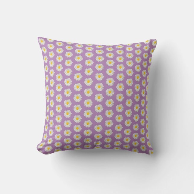 White Floral Daisies Lavender Purple Cushion (Front)