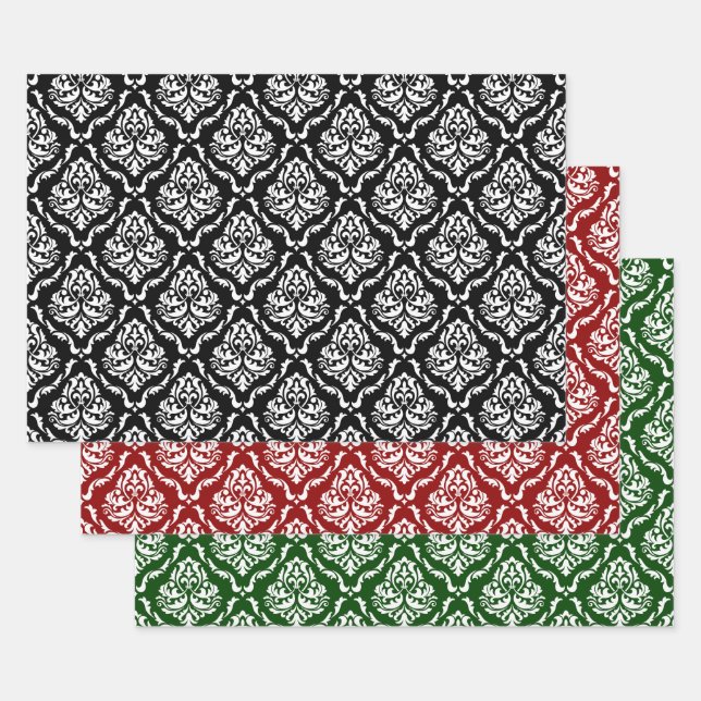 White Floral Damask On Black, Red, Green Wrapping Paper Sheet (Set)