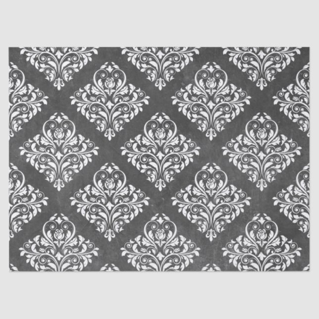 White Floral Damask on Grey Decoupage Tissue Paper (Front)