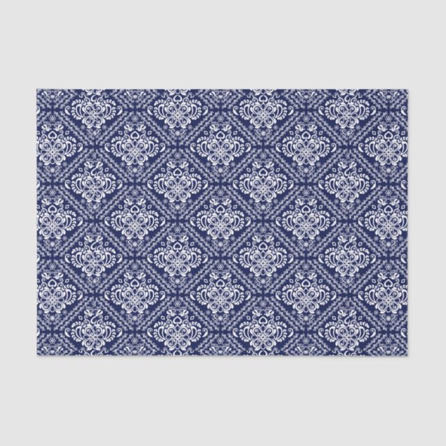 White Floral Damasks & Blue Background Tissue Paper (Front)