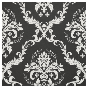 White Floral Damasks Custom Black Background Fabric