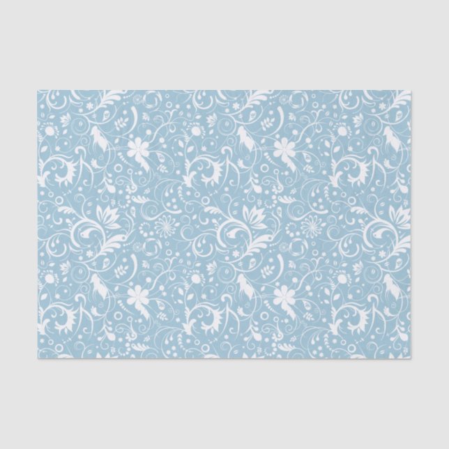 White Floral Damasks Custom Blue Background Tissue Paper (Front)