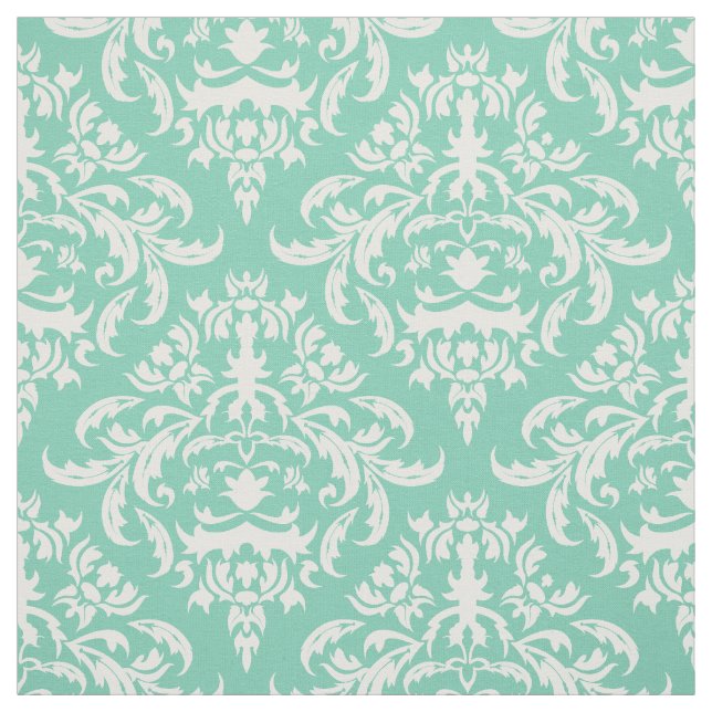 White Floral Damasks-Custom Mint Background Fabric (Swatch)
