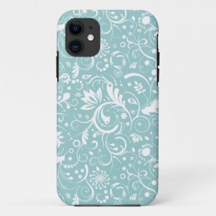 White Floral Damasks Over Teal-Blue Background iPhone 11 Case