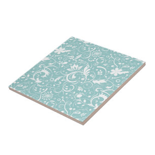 White Floral Damasks Over Teal-Blue Background Tile